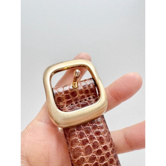 DANIER Brown Croc Embossed Leather Brushed Gold Buckle Hip Belt, Size M - Picture 8 of 14